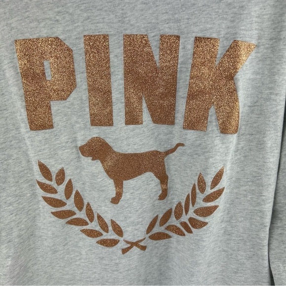 Victoria's Secret PINK Gray Long Sleeve Shirt M Gold Glitter Dog Graphic… - Picture 3 of 10